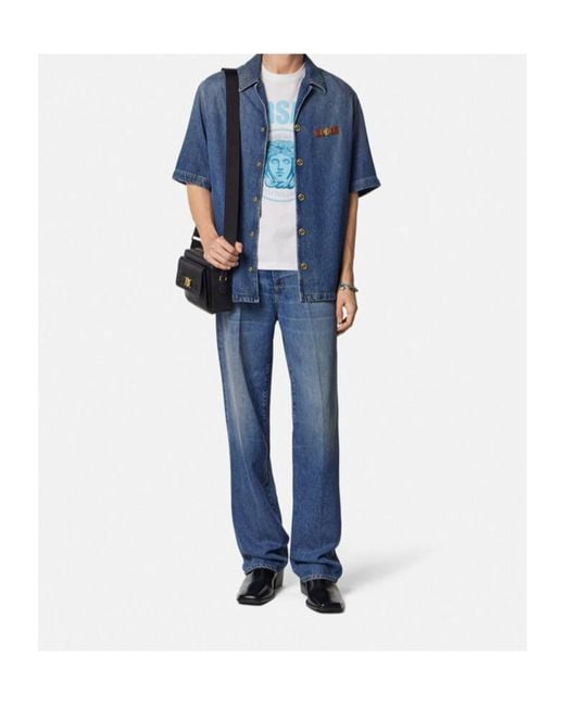 Versace Blue Short-Sleeved Denim Shirt for men