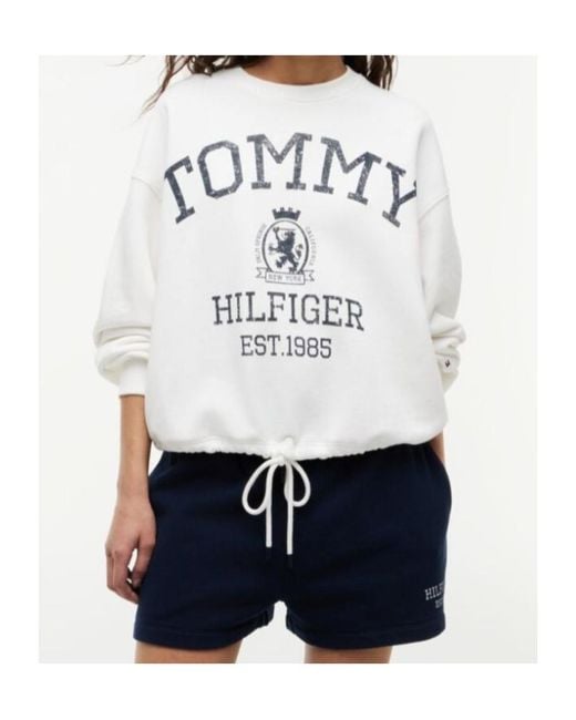 Tommy Hilfiger White Crest Logo-Print Drawstring-Hem Sweater