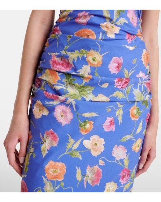 Carolina Herrera Blue Floral Gathered Cotton-Blend Midi Dress