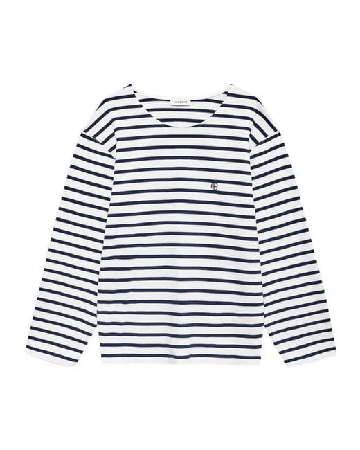 Anine Bing Blue Long-Sleeve Striped Relaxed Fit Top With Embroidered Logo