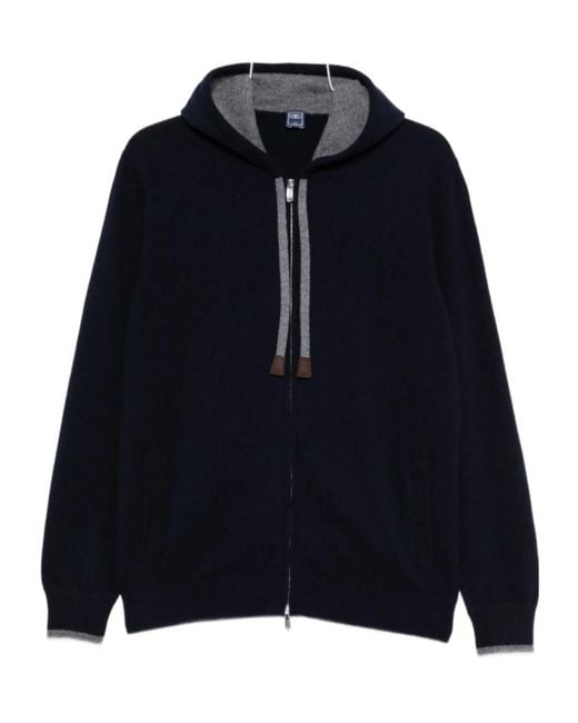 Fedeli Blue Zip-Up Drawstring Knitted Hoodie for men