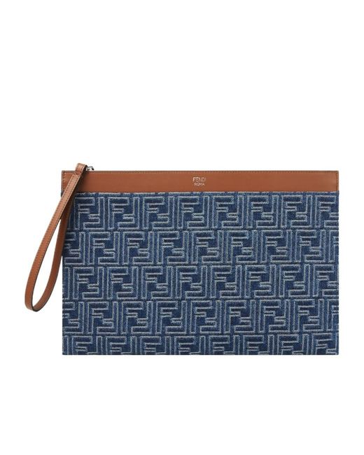 Fendi Blue Ff Medium Flat Pouch for men