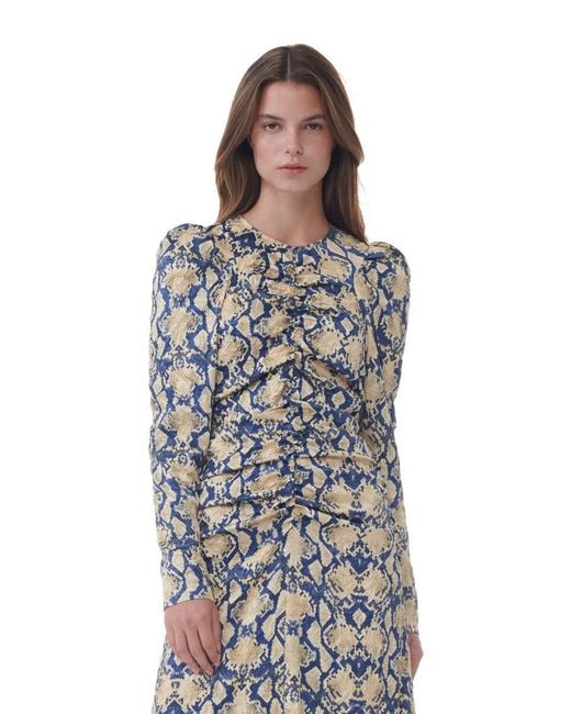Ganni Multicolor Snake Printed Crinkled Satin O-Neck Midi Dress