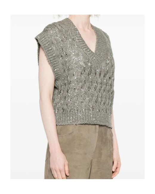 Brunello Cucinelli Gray Dazzling V-Neck Cable Vest