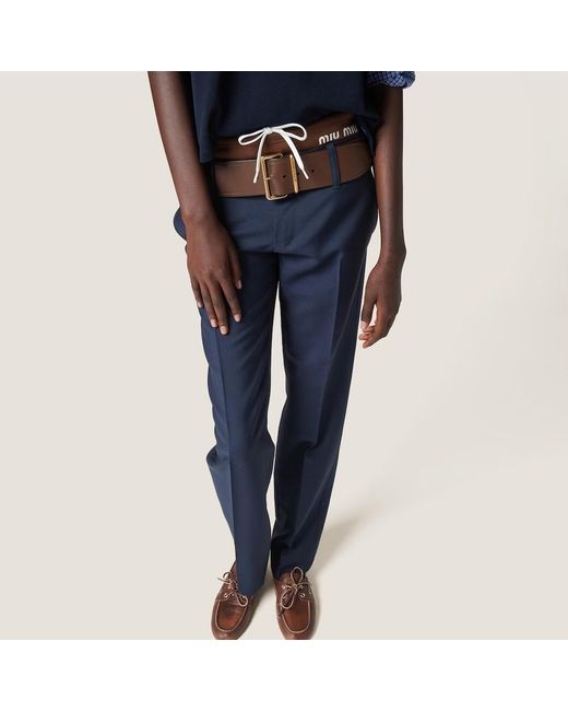 Miu Miu Blue Logo-Embroidered Straight Leg Trousers