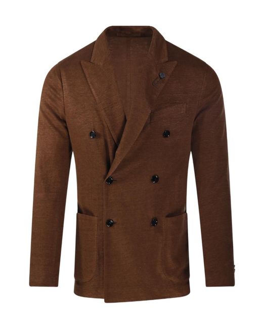 Lardini Brown Double-Breasted Linen Blazer for men