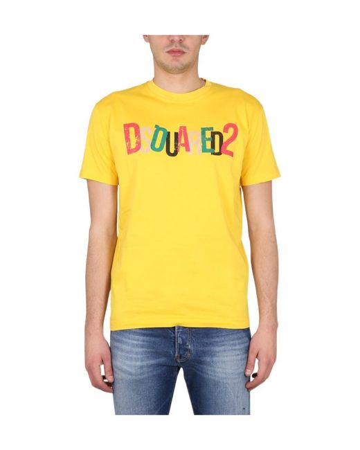 DSquared² Yellow Logo Printed Crewneck T-Shirt for men
