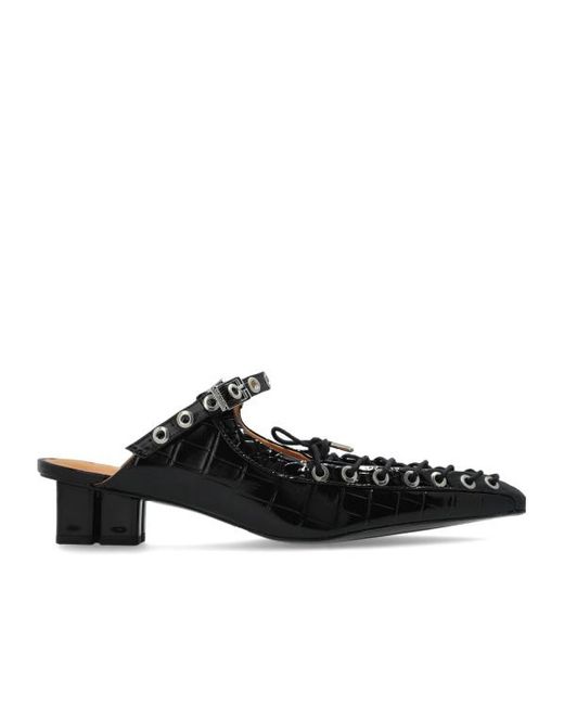 Ganni Lace-Up Oleatex Mules in Black | Lyst