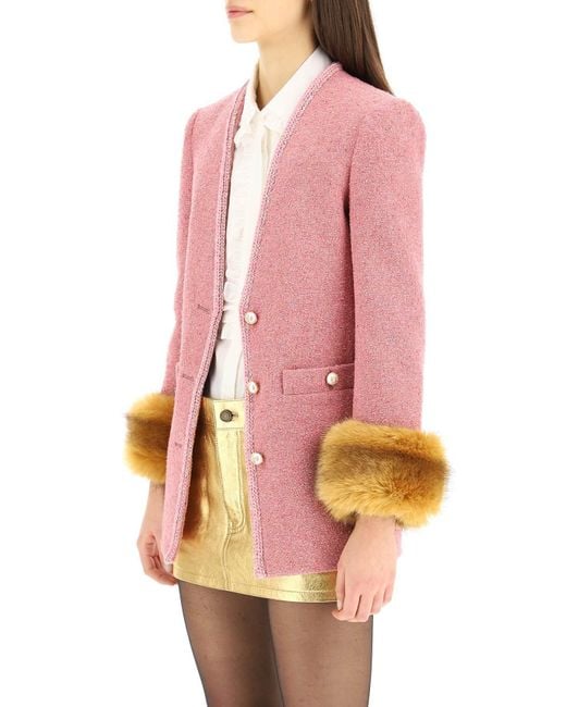 Saint Laurent Pink Faux-Fur Detail Fitted Jacket