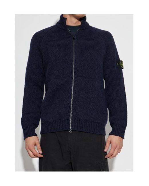 Stone Island Blue Logo Patch Zip-Up Cardigan