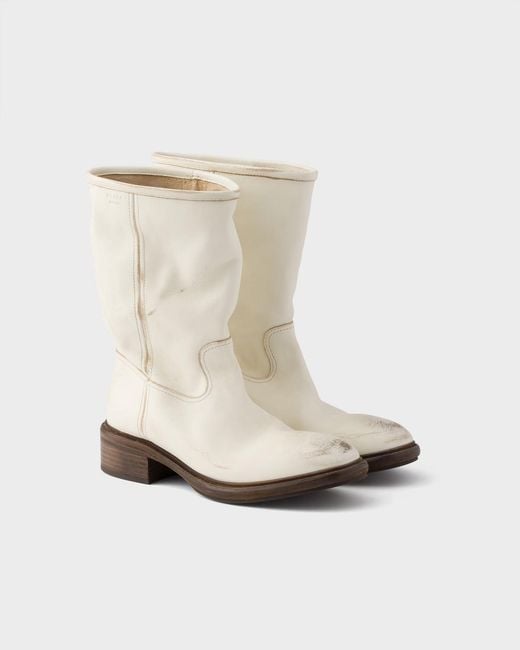 Prada Natural Leather Vintage-Effect Mid-Calf Boots 30