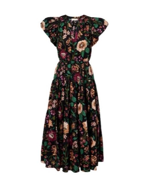 Ulla Johnson Black Marin Floral Cotton Poplin Midi Dress