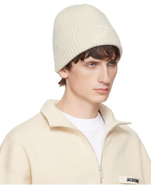 Jacquemus White Ribbed Beanie for men