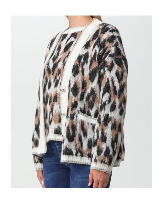 Liu Jo Multicolor Leopard-Intarsia Knit V-Neck Cardigan