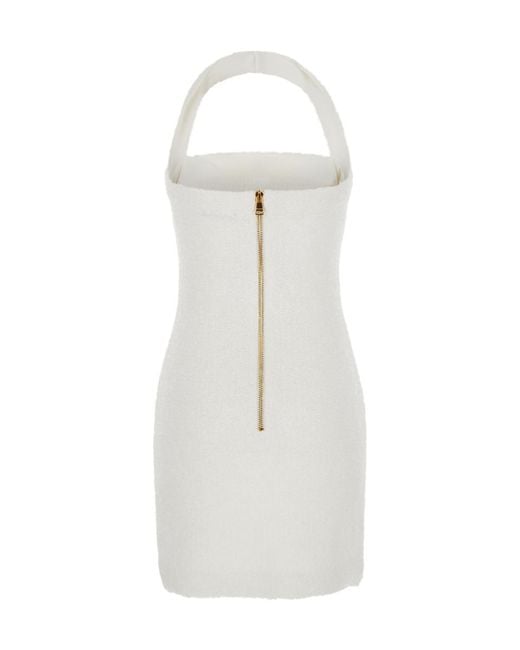 Balmain White Mini Dress With Halterneck And Jewel Buttons