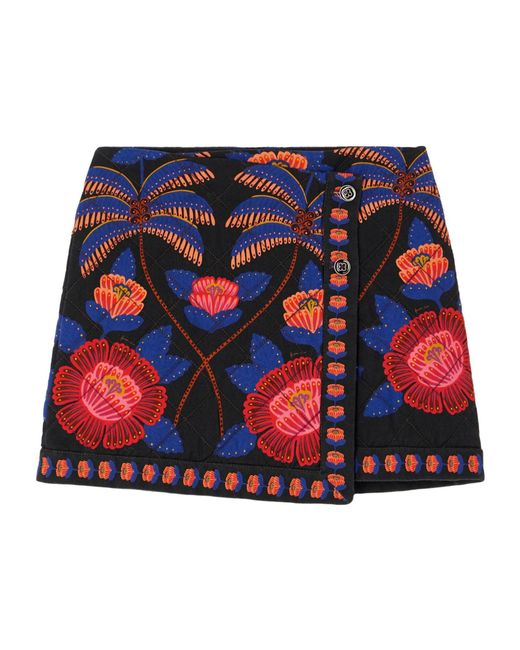 Farm Rio Red Living Bloom Floral-Print Cotton-Twill Mini Wrap Skirt