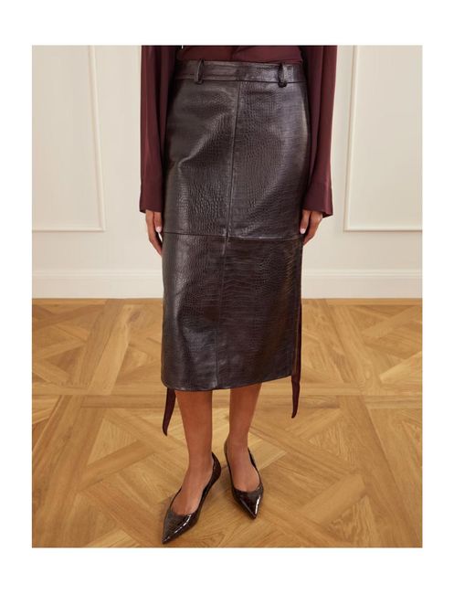 Frankie Shop Brown Taney Paneled Croc-Effect Leather Midi Skirt
