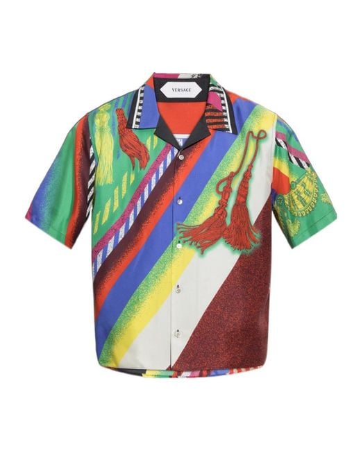 Versace Blue Pattern-Printed Short-Sleeved Shirt for men