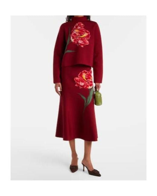 Carolina Herrera Red Floral Jacquard Cotton And Wool Midi Skirt