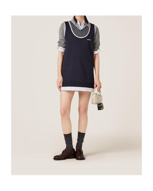 Miu Miu Blue Knit And Poplin Mini-Dress