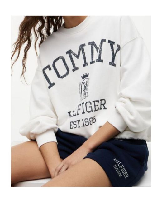 Tommy Hilfiger White Crest Logo-Print Drawstring-Hem Sweater