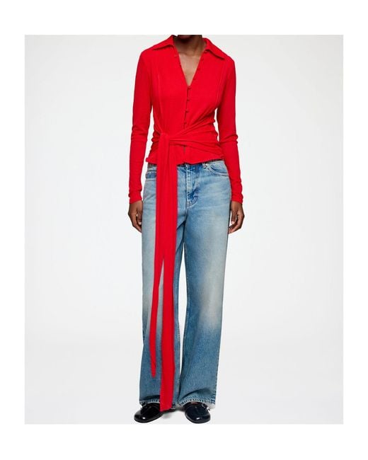 Ganni Red Draped Wrap Polo Top