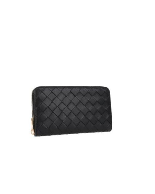 Bottega Veneta Black Intrecciato Weave Zip Around Wallet
