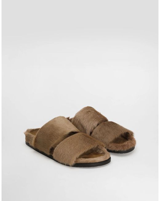 Dolce & Gabbana Brown Furry Cross-Strap Slides for men
