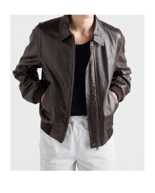 Prada Brown Nappa Leather Bomber Jacket for men