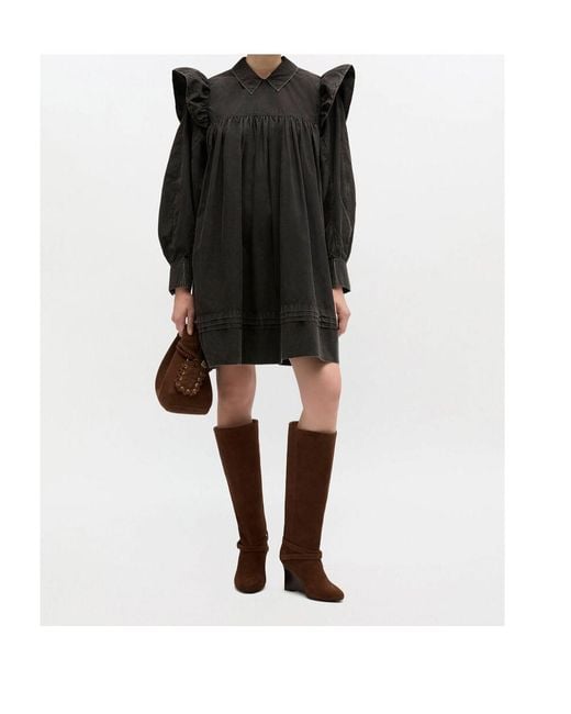 Ganni Black Ruffled Washed Mini Shirt Dress