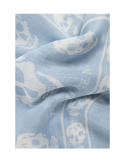 McQueen Blue Classic Skull Printed Frayed-Edeg Scarf for men