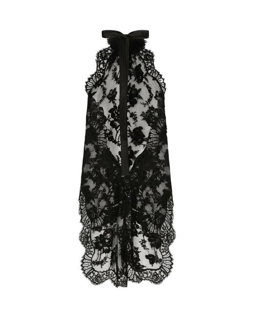 Dolce & Gabbana Black Flower Detailed Asymmetrical Lace Top
