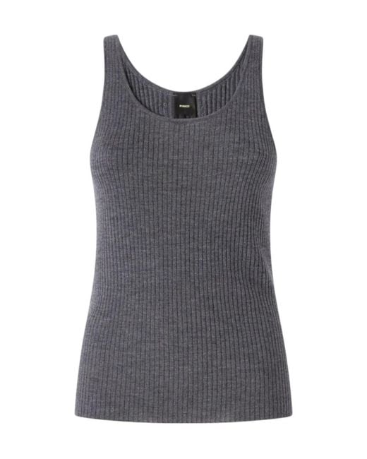 Pinko Gray Ribbed-Knit Logo-Patch Tank Top