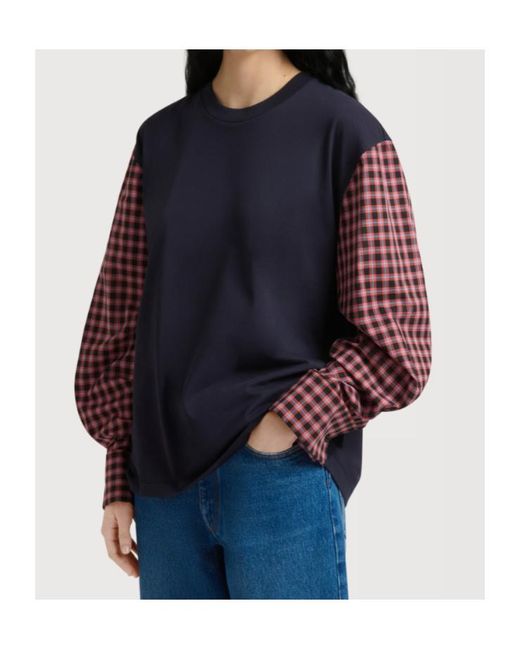 Marni Blue Deep Cotton T-Shirt With Checked Shirt Sleeves