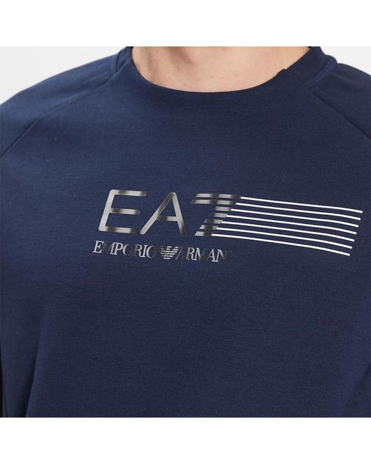 EA7 Blue Logo Printed Round Neck Sweater for men