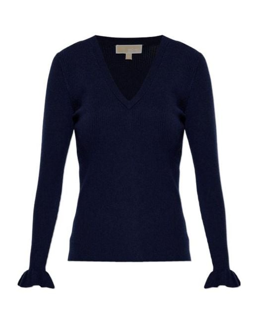 MICHAEL Michael Kors Blue Ruffled V-Neck Sweater