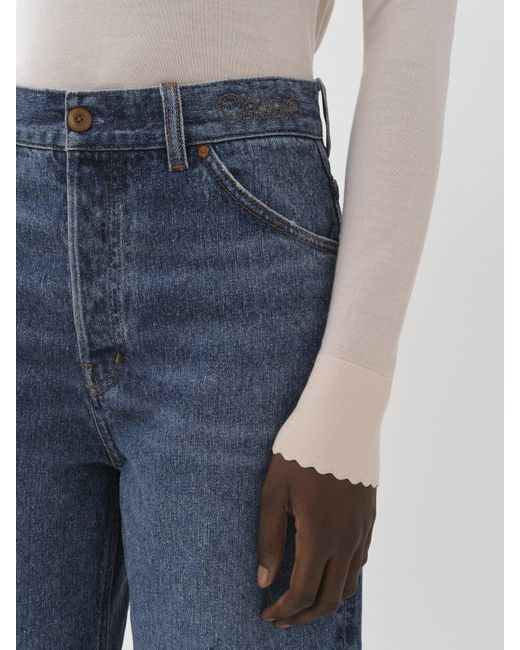 Chloé Blue Chloé Logo Embroidered Wide-Leg Jeans