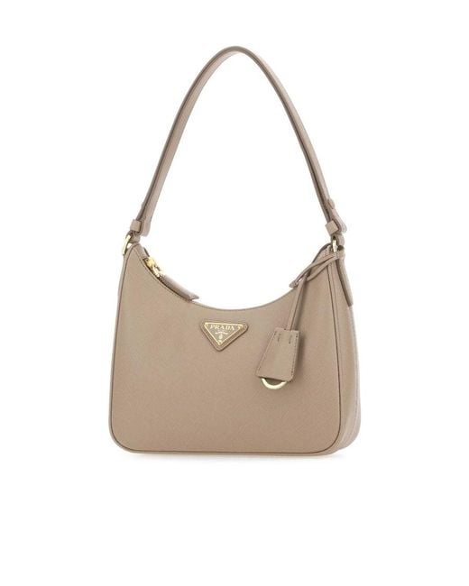 Prada White Logo Plaque Zipped Shoulder Bag