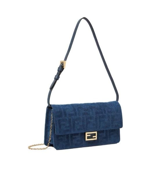 Fendi Blue Baguette Ff Flocked Chained Wallet