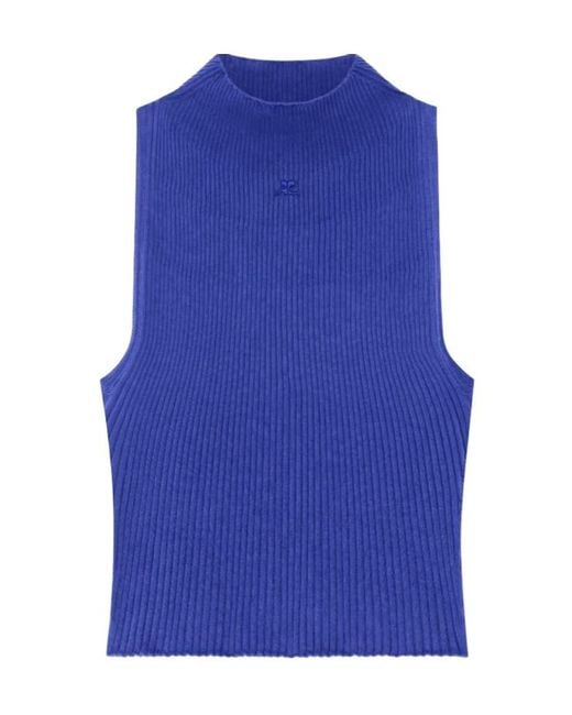 Courreges Blue Courrèges Mock-Neck Cropped Ribbed Tank Top
