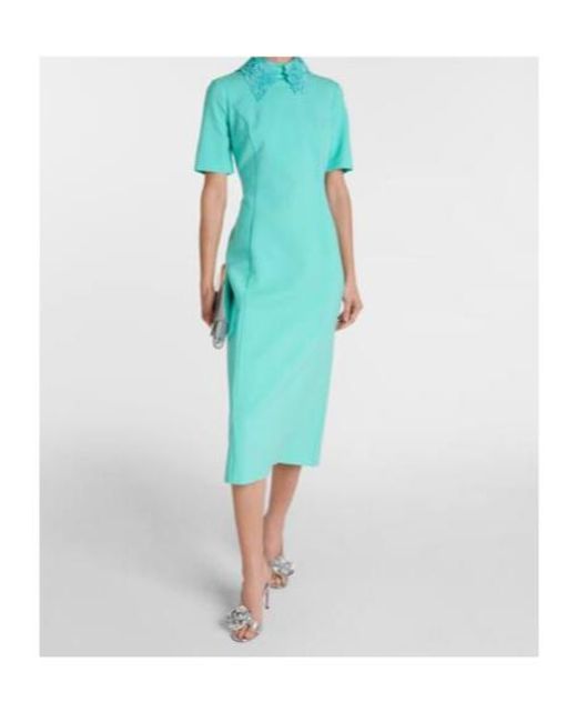 Oscar de la Renta Green Lace-Trimmed Wool-Blend Midi Dress