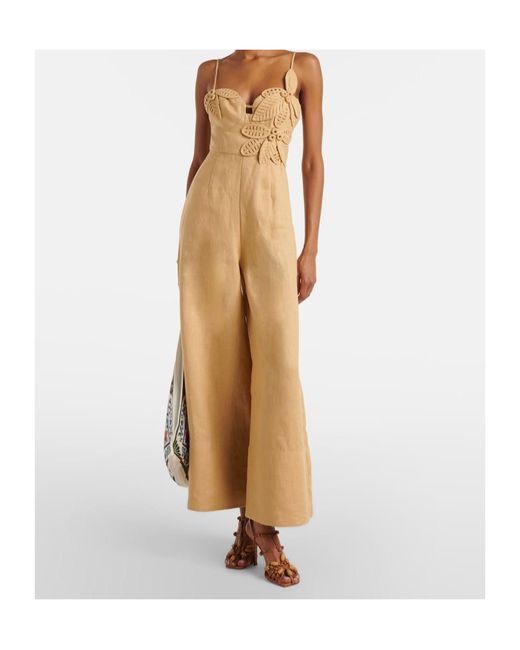 Farm Rio Natural Floral-Appliqué Linen Jumpsuit