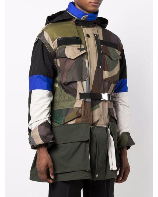 Sacai Gray Camouflage-Print Hooded Coat for men