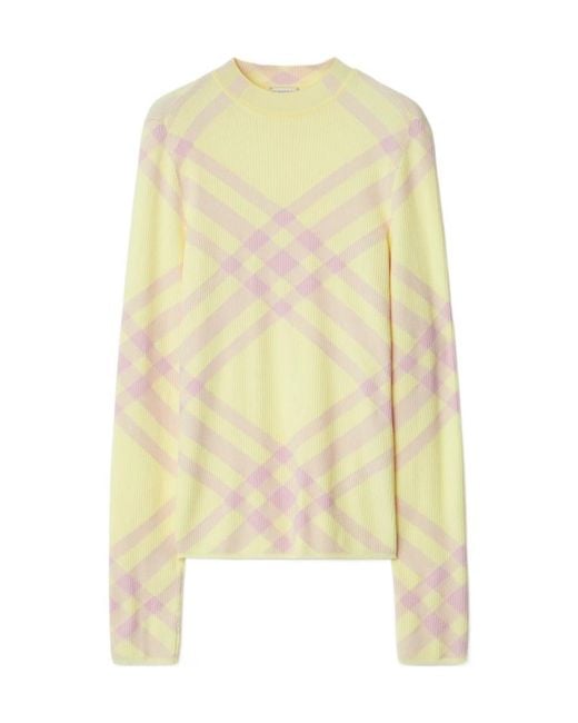 Burberry Yellow Check-Pattern Ribbed-Knit Crewneck Jumper
