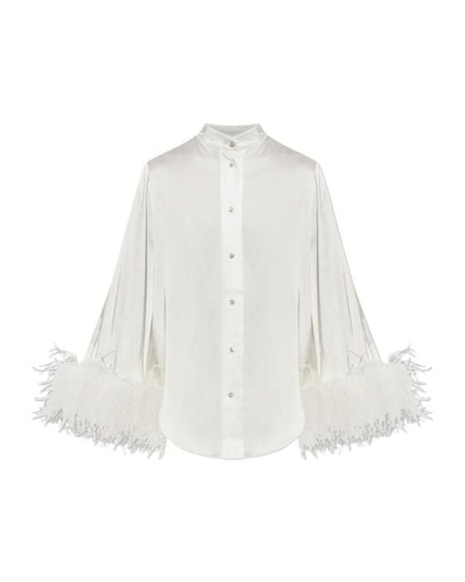 Oseree White Oséree Feather-Trim Button-Up Top