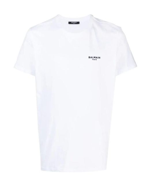 Balmain White Flocked Logo Crewneck T-Shirt for men