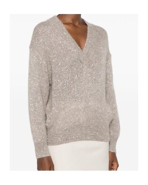 Brunello Cucinelli Natural Sequin-Embellished V-Neck Sweater