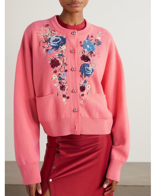 Rabanne Pink Embroidered Crystal-Embellished Wool And Cashmere Blend Cardigan