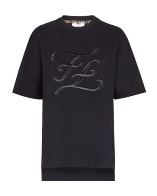 Fendi Black Ff Embroidered Side Split T-Shirt