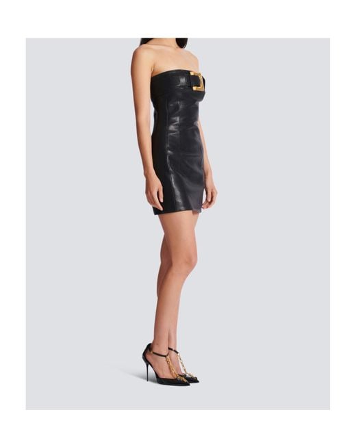 Balmain Black Belted Strapless Leather Dress
